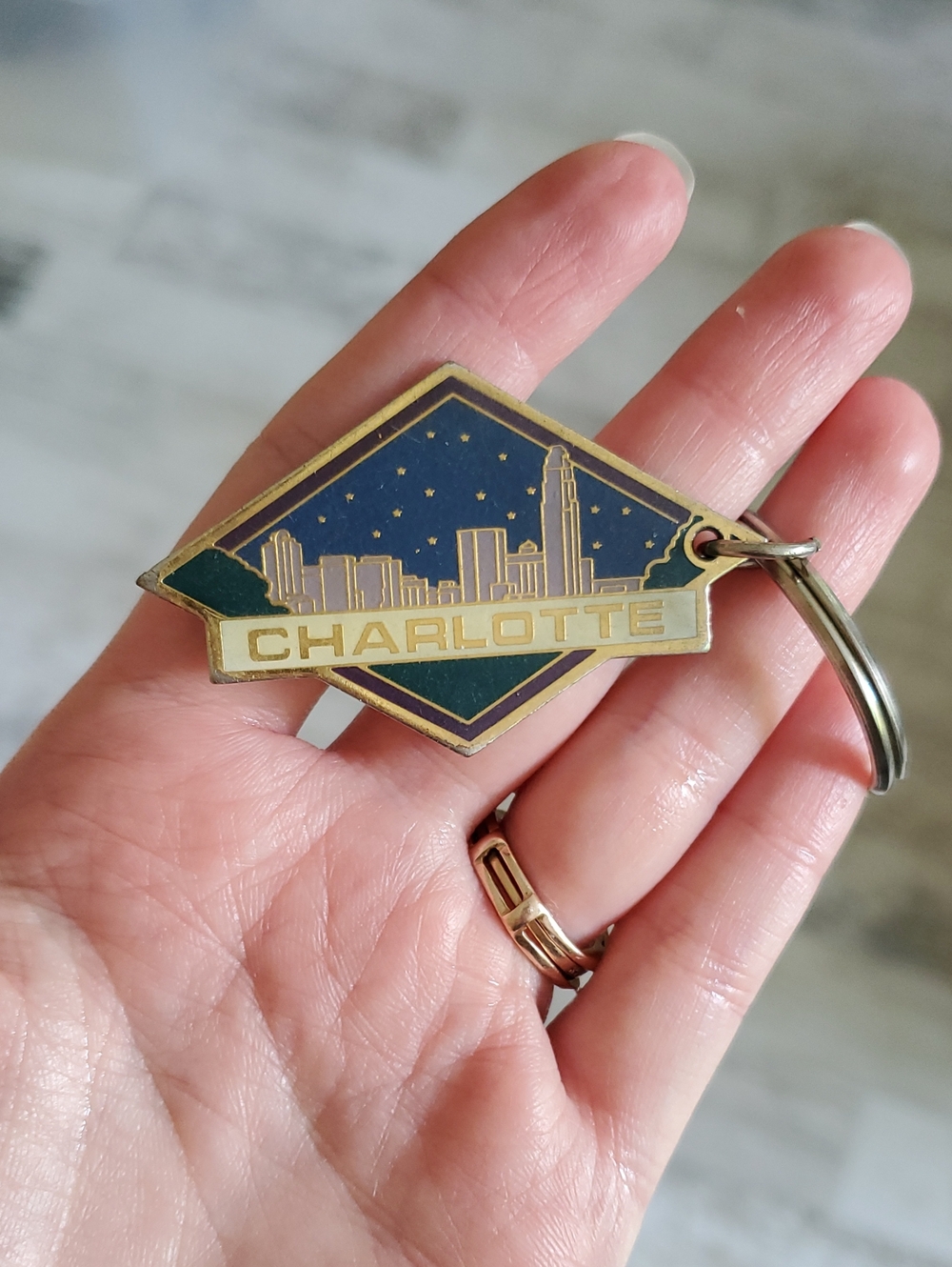 90s Charlotte Skyline Metal Keychain - Blue and Gold